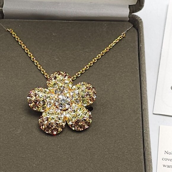 Nolan Miller Yellow Brown Rhinestone Pave Flower Brooch Necklace in Box Glamour - Picture 2 of 5